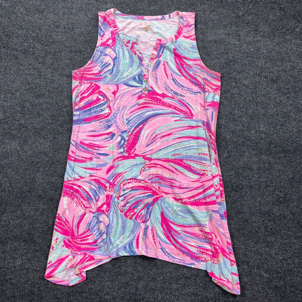Lilly Pulitzer Womens Tunic Tank Henley Sharkbite Hem Pink Blue Swirl Size L
